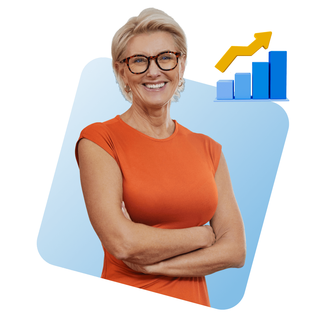 Business Management and Administration image 1 (name 4 Adult Women Glasses Orange Shirt BarGraph)