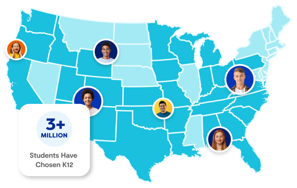 US map with student bubbles. 3+ million students have chosen K12