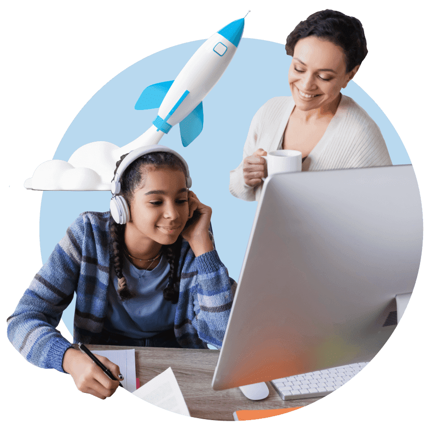 A woman and child collaborate on a computer, with a rocket model prominently displayed on top of the device.