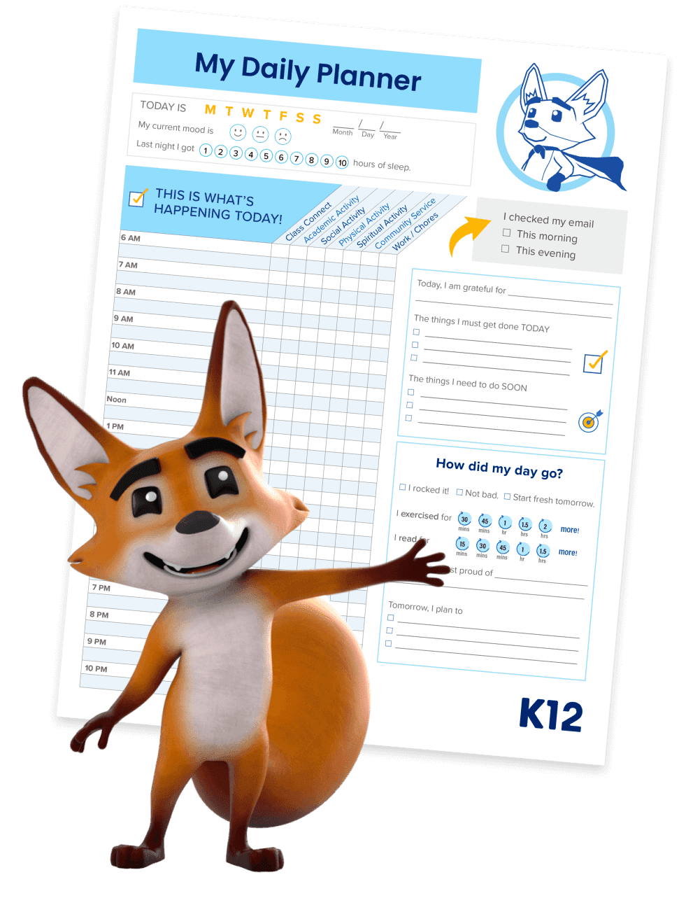 A daily planner designed for K-12 students, featuring organized sections for assignments, schedules, and notes.