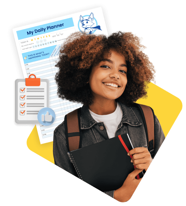 A girl with afro hair stands holding a folder and a notebook, showcasing her readiness for study or work.