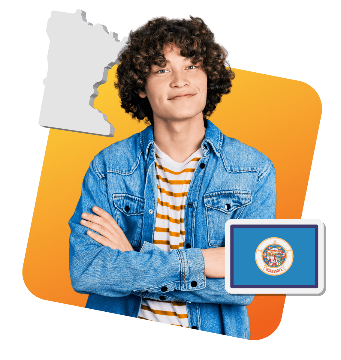 A young man with curly hair proudly holds the Minnesota state flag, showcasing his connection to the state.