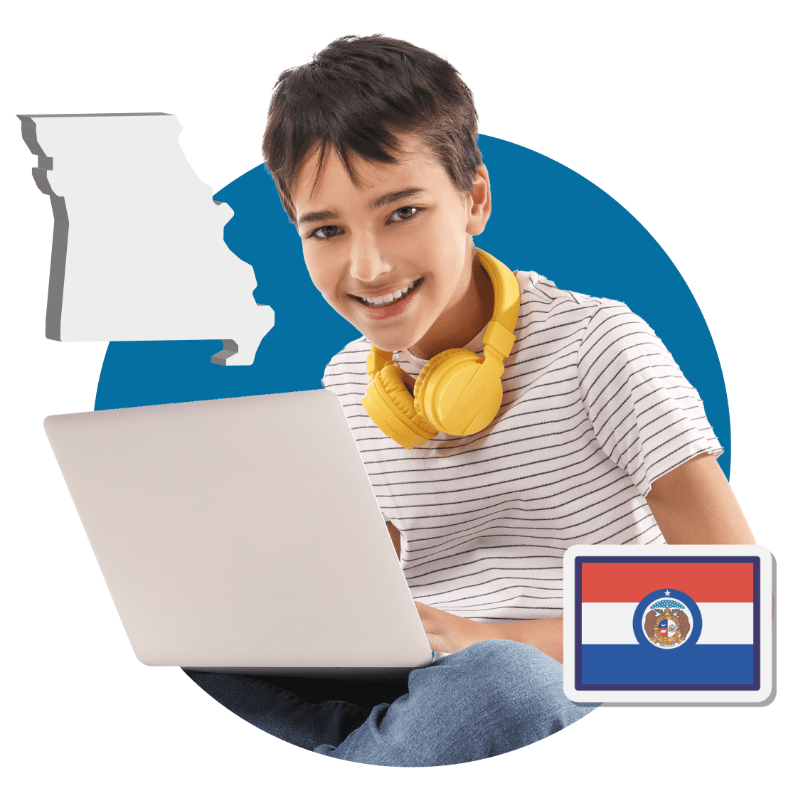 A boy wearing headphones sits in front of a laptop, focused on a map of Missouri displayed on the screen.