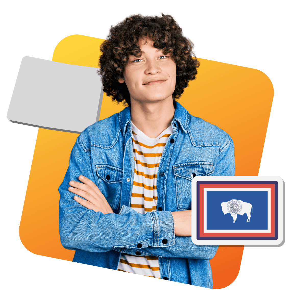 A boy with curly hair wearing a blue denim jacket stands in front of a flag featuring a bison design.