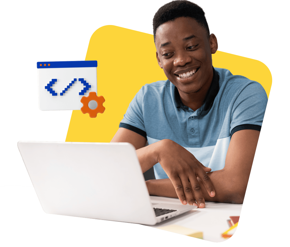 Un niño se sienta en un escritorio sonriendo mientras mira una computadora portátil. Un gráfico flotante de una ventana de código y una rueda dentada está cerca.