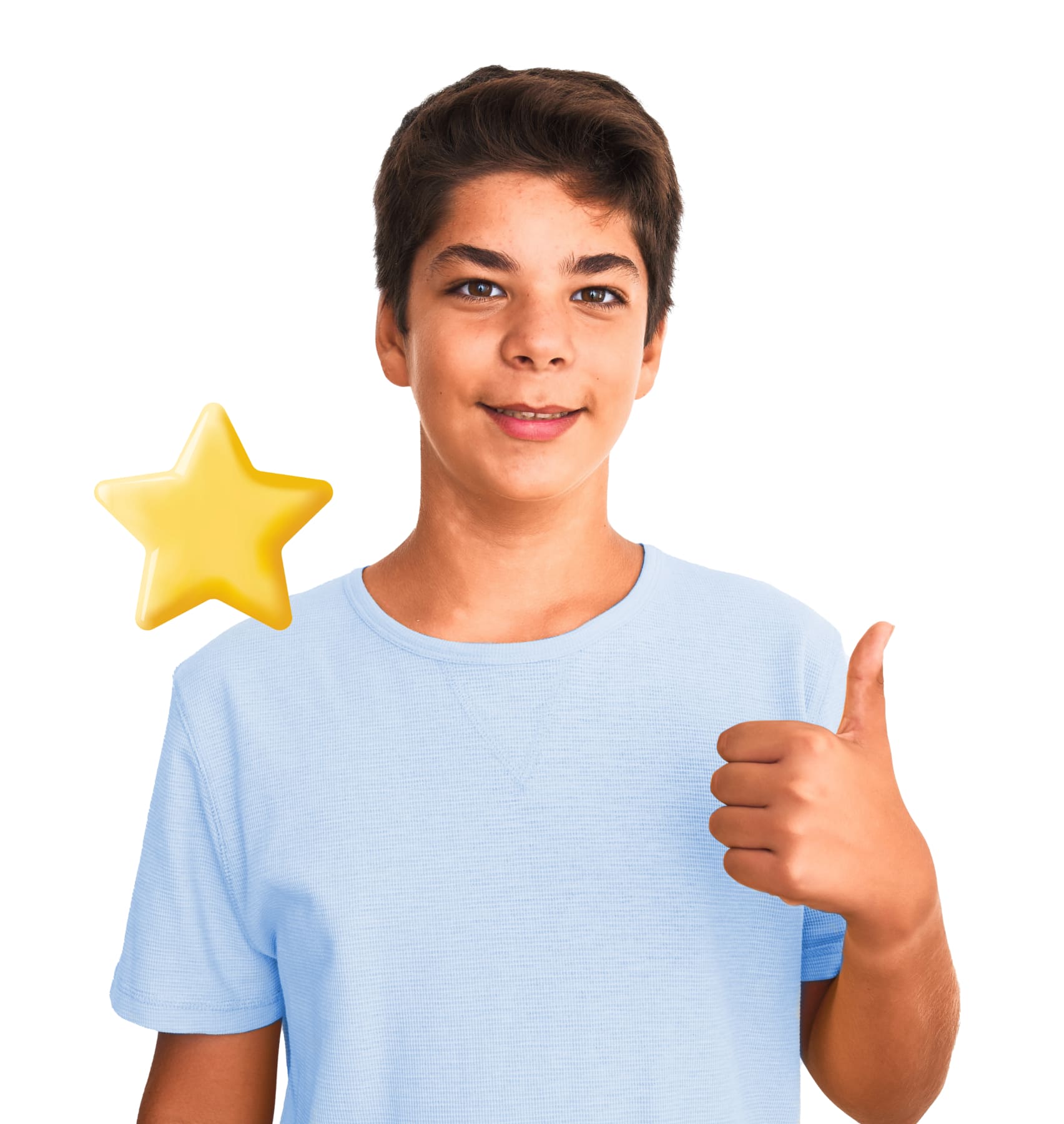 A cheerful boy giving a thumbs up while smiling, with a bright star shining beside him.