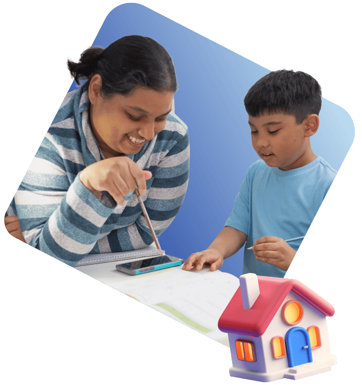 A woman and a child observe a house displayed on a tablet, engaged in a moment of exploration and curiosity.