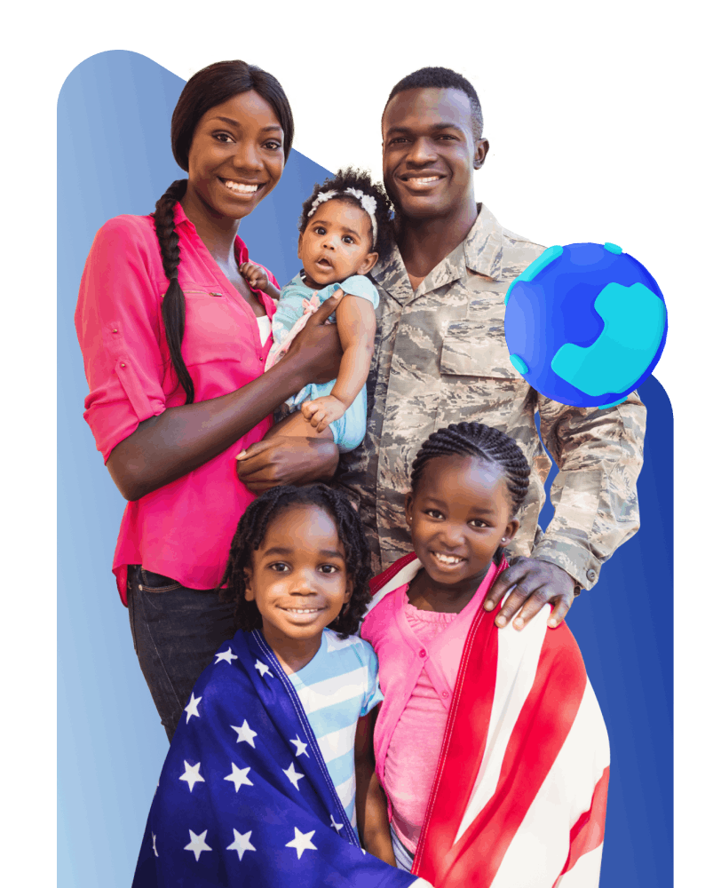 A family proudly displays an American flag alongside a globe, symbolizing unity and global awareness.