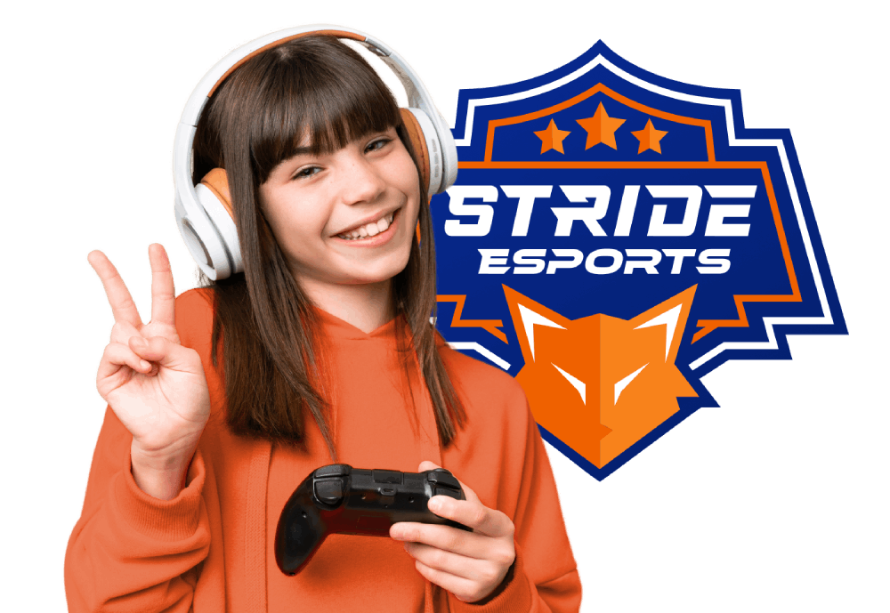 A girl smiles while holding a gaming controller, with the words "Stride Esports" displayed prominently in the background.