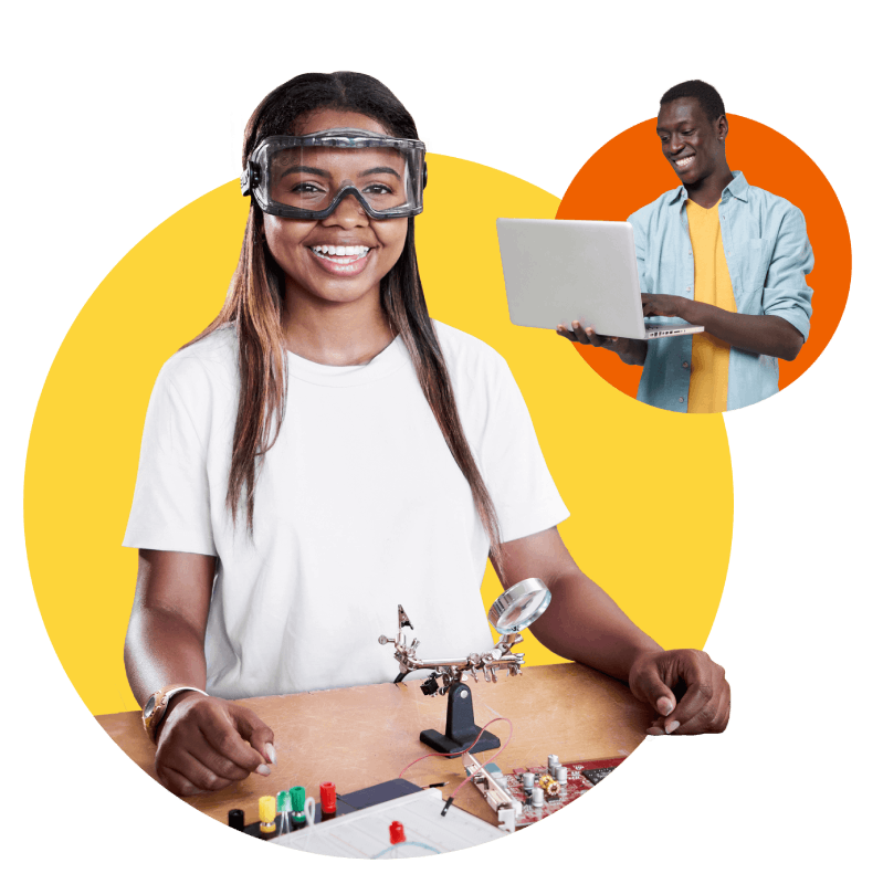 A young girl wearing goggles is focused on her laptop, showcasing her enthusiasm for technology and learning.