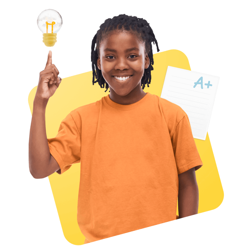 A young girl joyfully holds up a light bulb, symbolizing creativity and bright ideas.