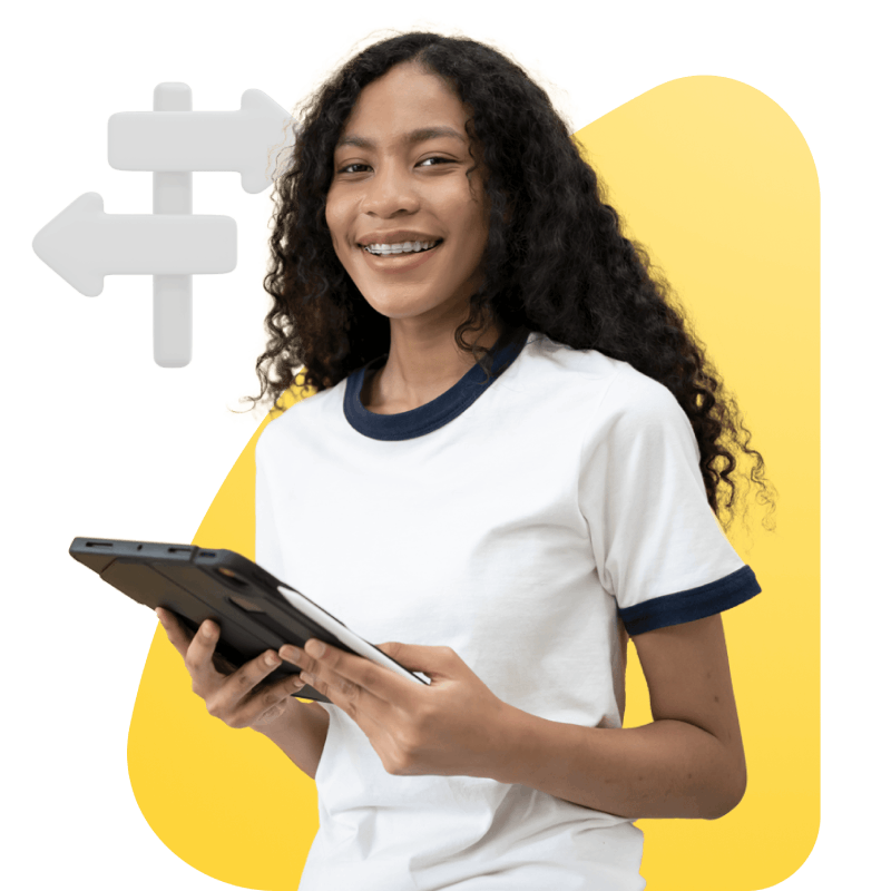 A girl holds a tablet, with a yellow arrow prominently pointing towards the device, emphasizing its features.