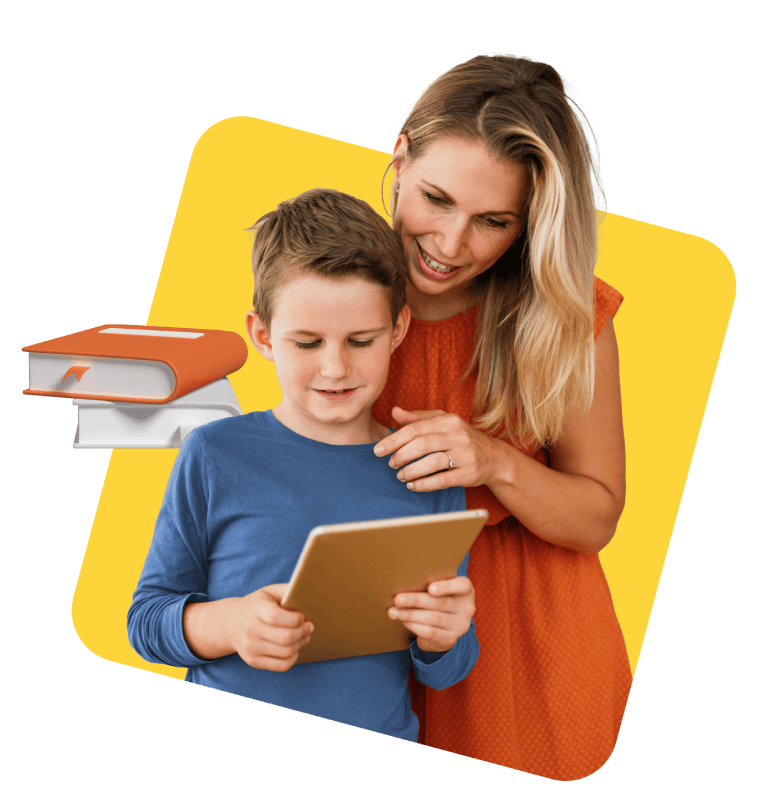 A woman and a boy are engaged in viewing content on a tablet together, sharing a moment of discovery and learning.