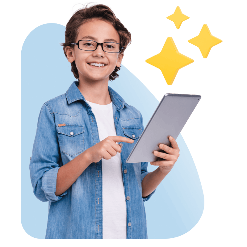 A boy in glasses holds a tablet adorned with stars, illustrating his interest in technology.