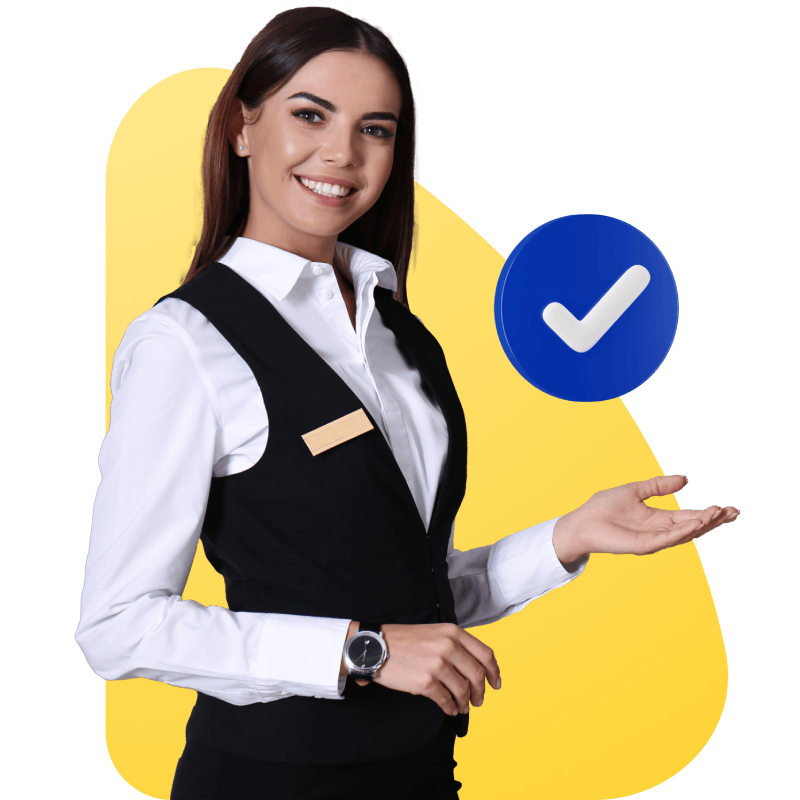 A woman in a uniform confidently holds a check mark, symbolizing achievement and approval in her role.