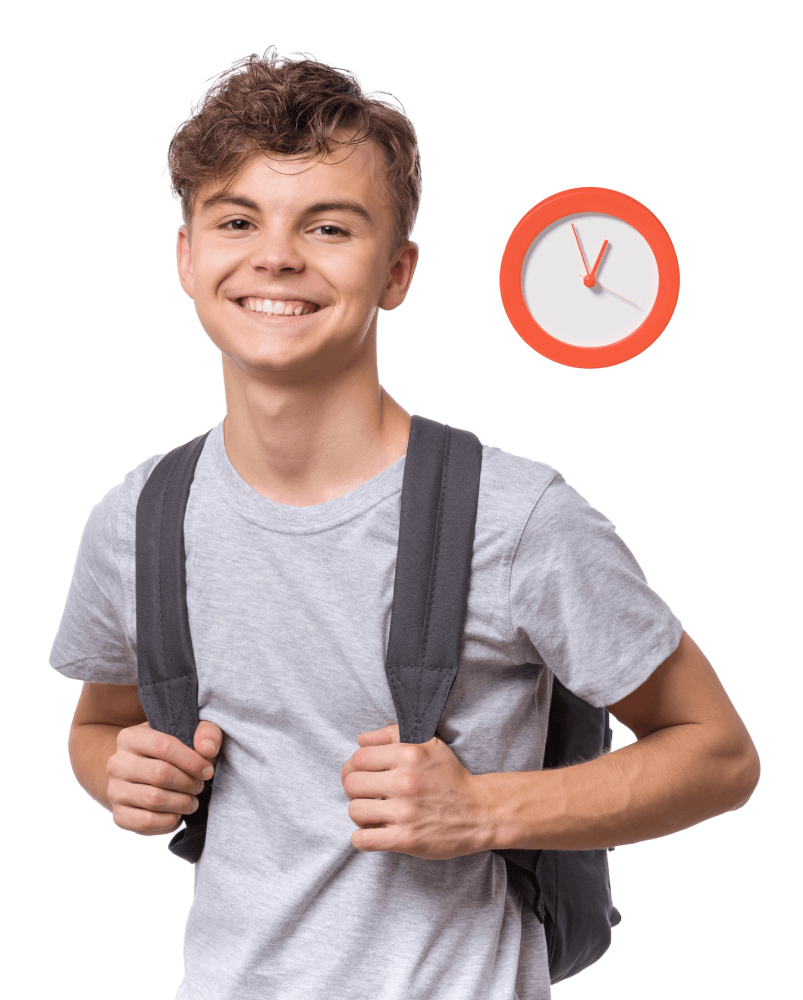 A young man carrying a backpack stands beside a large clock, symbolizing time and adventure.