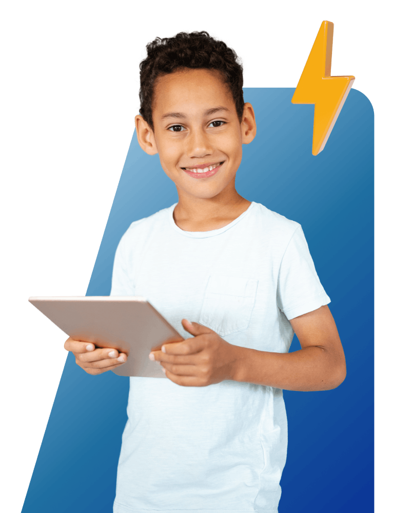 A boy is holding a tablet displaying a prominent lightning bolt graphic on its screen.