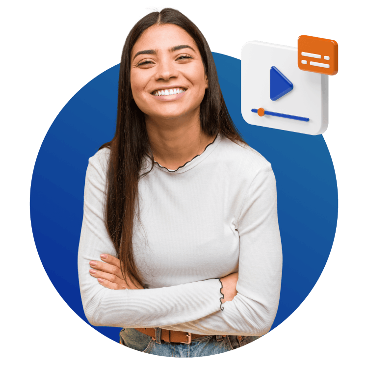 A smiling woman with her arms crossed, featuring a play button symbol, exuding confidence and positivity.