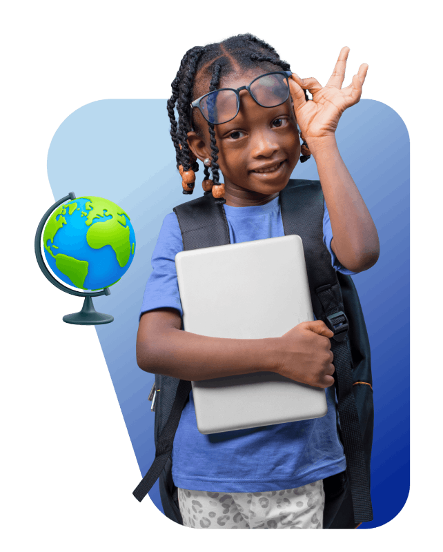 A young girl holds a laptop in one hand and a globe in the other, symbolizing global connectivity and learning.