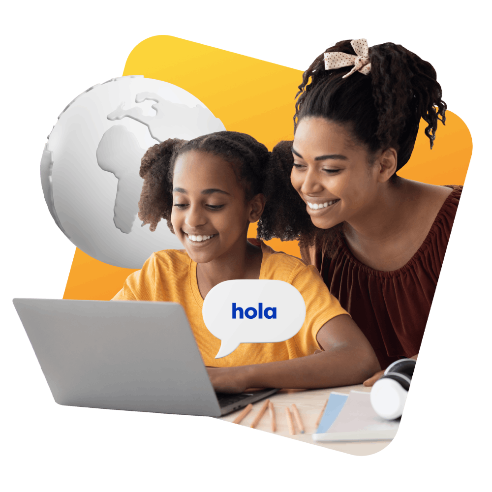 Two women and a child engaged with a laptop displaying the word "hola" on the screen, fostering a learning environment.