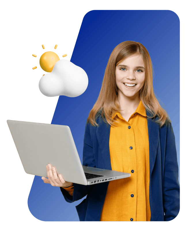 A girl holds a laptop, with a bright sun and fluffy clouds in the background, symbolizing creativity and inspiration.