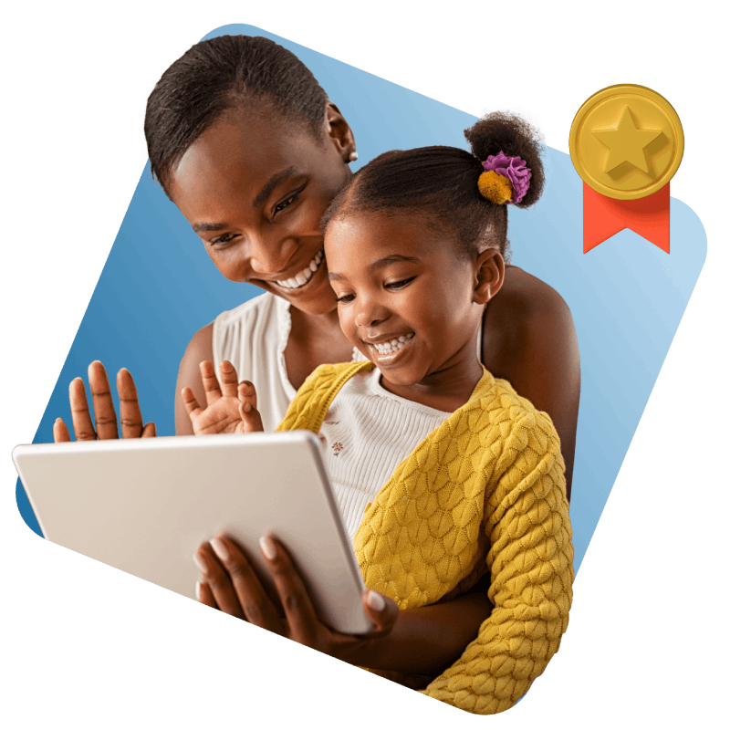 A mother and daughter engaged in a shared activity while using a tablet together, showcasing their bond and interaction.