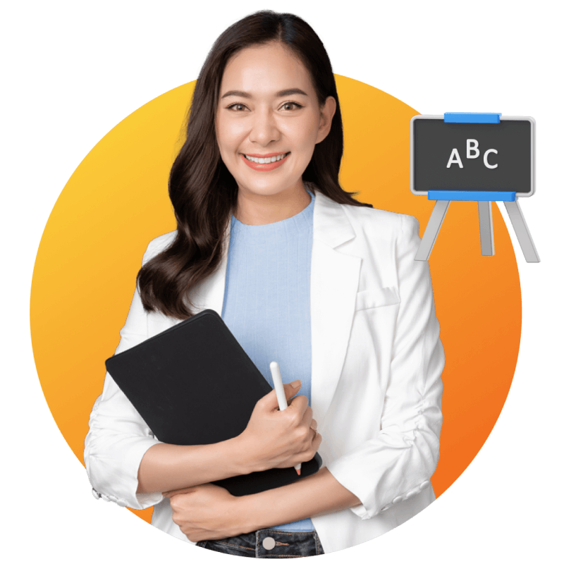 A woman in a white blazer stands holding a blackboard and a folder, exuding professionalism and confidence.