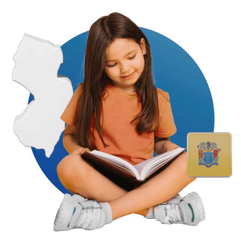 A child engrossed in a book, with a map of New Jersey visible beside them, exploring stories and geography simultaneously.