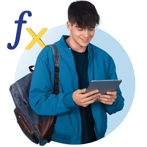 Un estudiante comprometido con una tableta que muestra el símbolo fx, centrado en el aprendizaje y la integración de la tecnología en la educación.