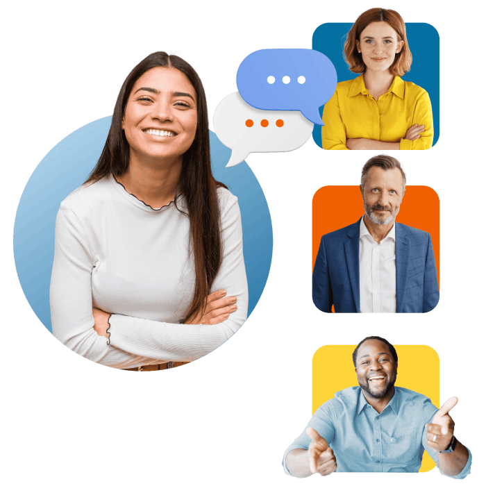 A woman with four distinct chat bubbles displayed on her face, symbolizing diverse thoughts and conversations.