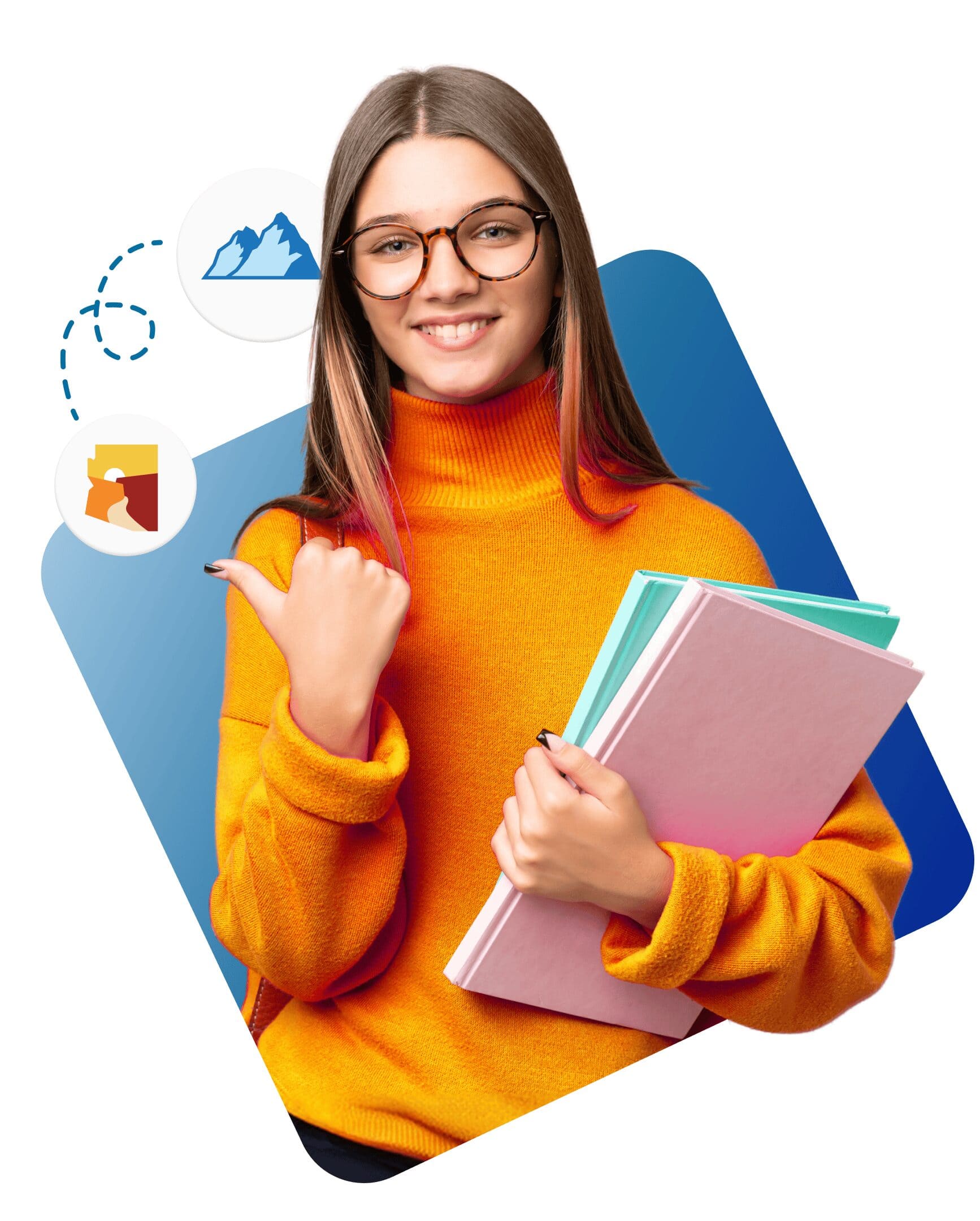 A girl wearing glasses and an orange sweater holds a folder, smiling as she stands in a bright, cheerful environment.