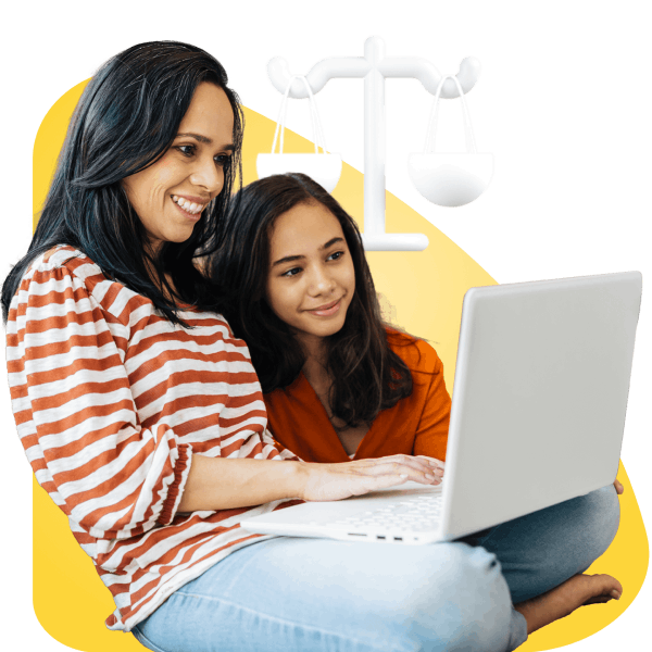 A mother and daughter collaborate on a laptop, with scales of justice symbolizing their discussion on legal matters.