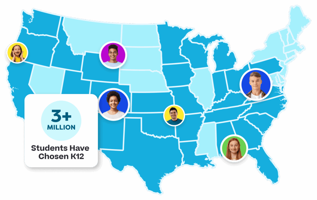 US map with student bubbles. 3+ million students have chosen K12