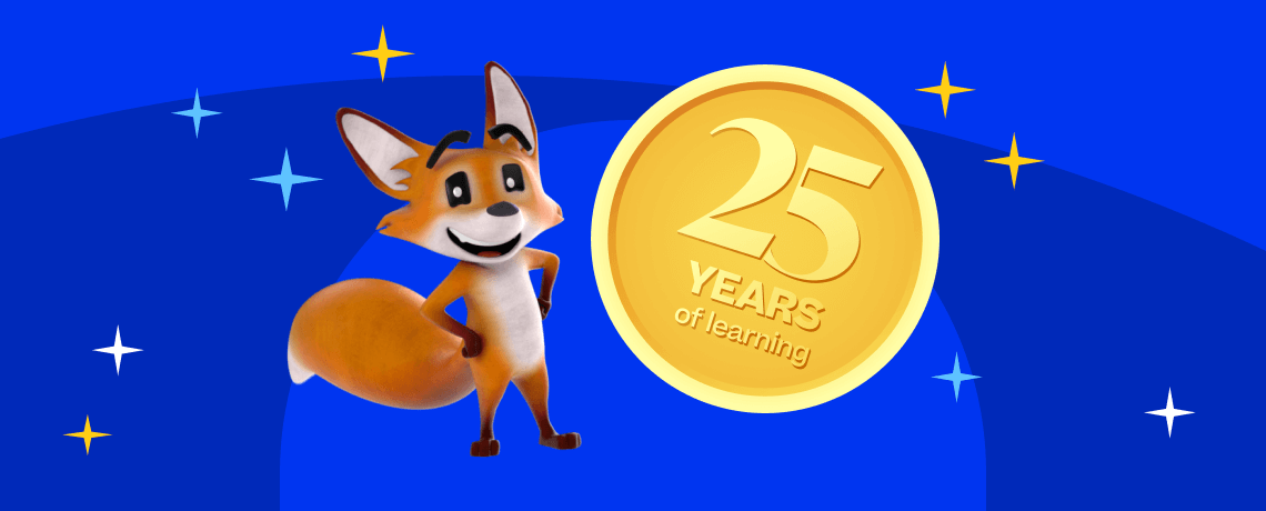 A cartoon fox proudly stands beside a 25-year anniversary coin, celebrating a significant milestone with a cheerful expression.